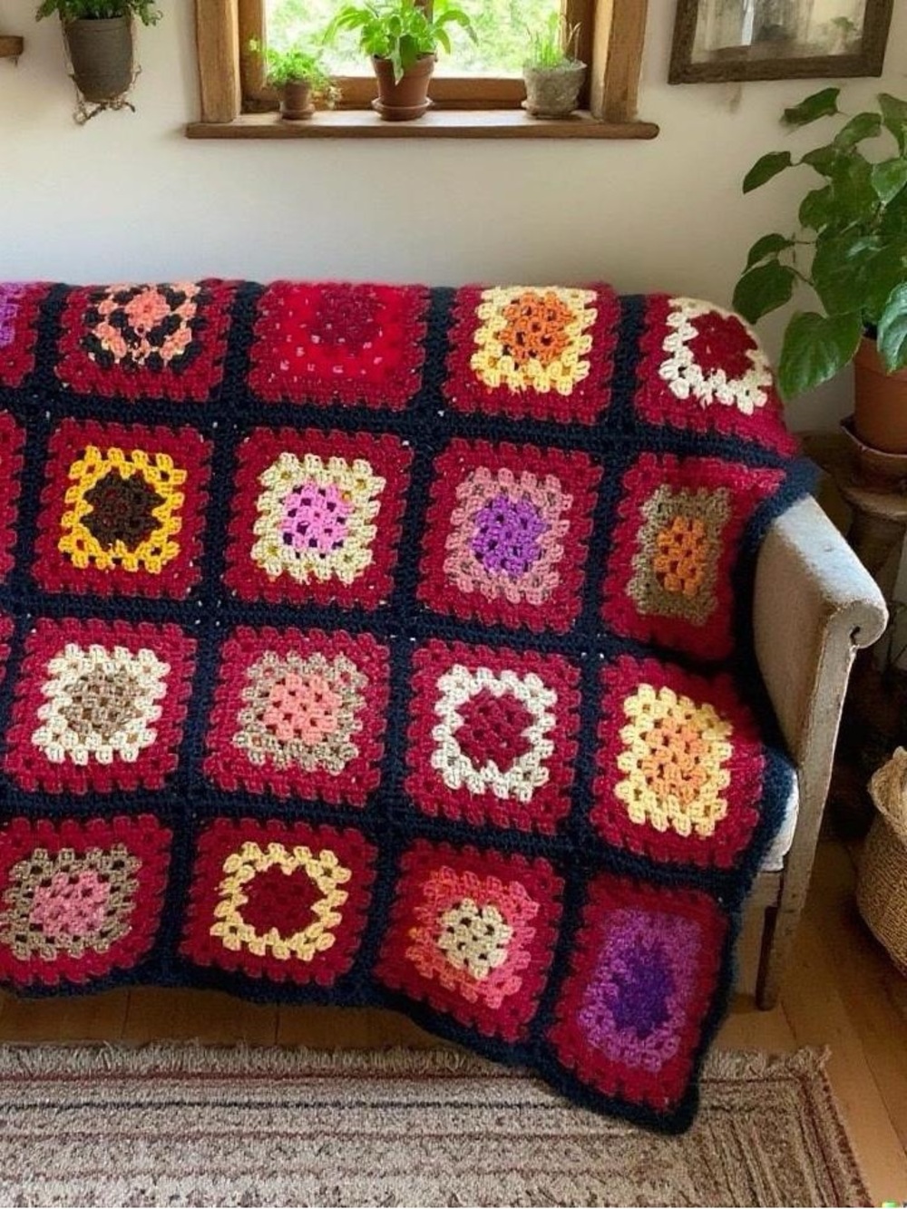Vintage Handmade Colorful Granny Square Crochet Hippie Afghan Blanket